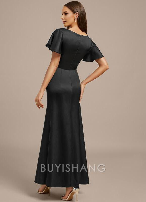 Buyishang Elegant A-line Scoop Ankle-Length Matte Satin Mother of the Bride Dress With Beading Pleated